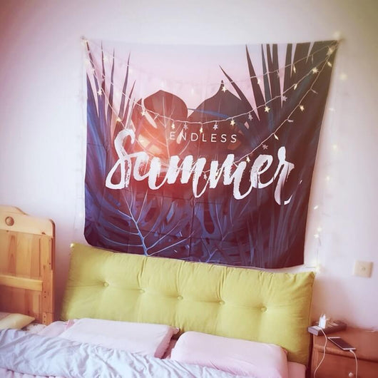 Endless Summer tapestry with white script over a tropical leaf print and a pink and orange sunset background. - Image 2