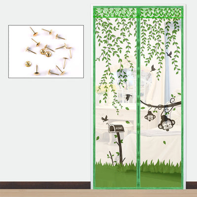 Purple magnetic mosquito curtain with a playful design featuring monkeys, birds, and leaves, installed in a doorway. - Image 4