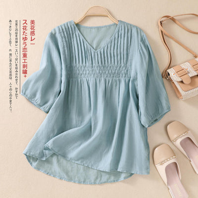 Blusa Suelta de Algodón y Lino con Cuello V