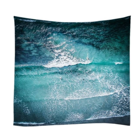 Calm Waves Tapestry featuring an aerial view of blue and turquoise ocean waves with white foam, perfect for wall decor. - Image 2