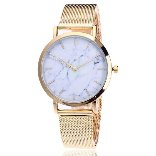 Reloj de Moda para Mujer con Malla Plateada y Dorada, Diseño Mármol Creativo