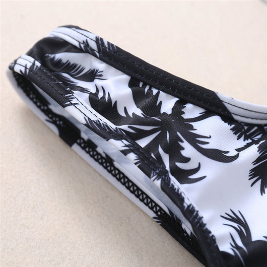 Black and white coconut palm print sports bikini set with a crop top and boy short bottoms for women. - Image 6