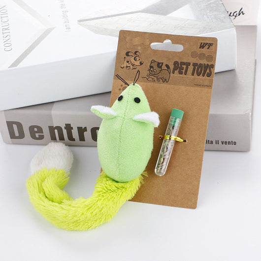 Light blue plush mouse cat toy with a long white and blue tail, packaged with a small tube of catnip. - Image 22