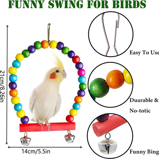 7-piece set of colorful wooden parrot toys with bells, including swings, perches, and chew toys for bird cages. - Image 4