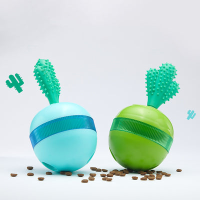 Light blue pet food dispensing ball toy with a translucent blue band and a green cactus-shaped top. - Image 12