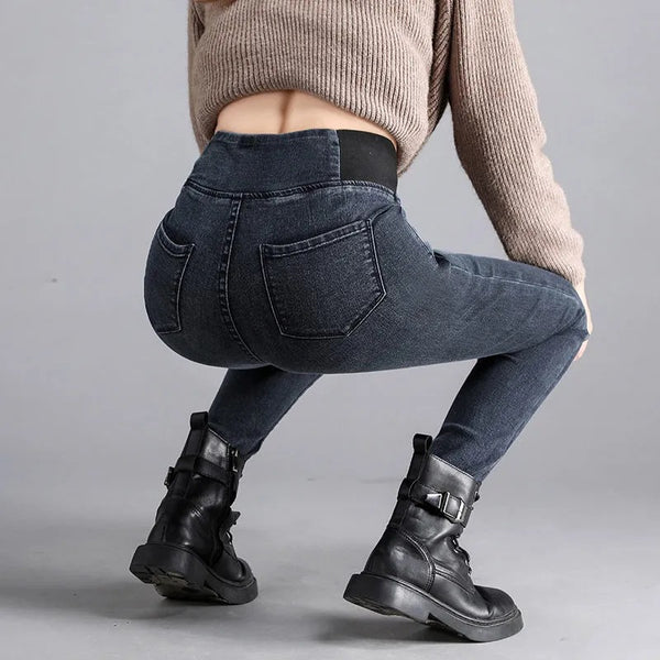 Jeans Skinny de Cintura Alta con Forro Polar Cálido y Cintura Elástica