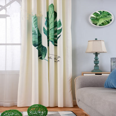 Cream curtain with large green banana leaf and tropical leaf digital print, suitable for a modern living room. - Image 3