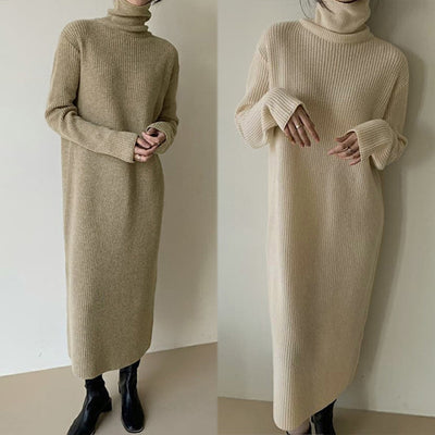Vestido Suéter Largo Cuello Alto Holgado Hasta la Rodilla para Mujer - Image 9
