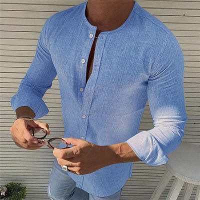 Camisa Manga Larga Cuello Redondo de Algodón para Hombre - Image 13