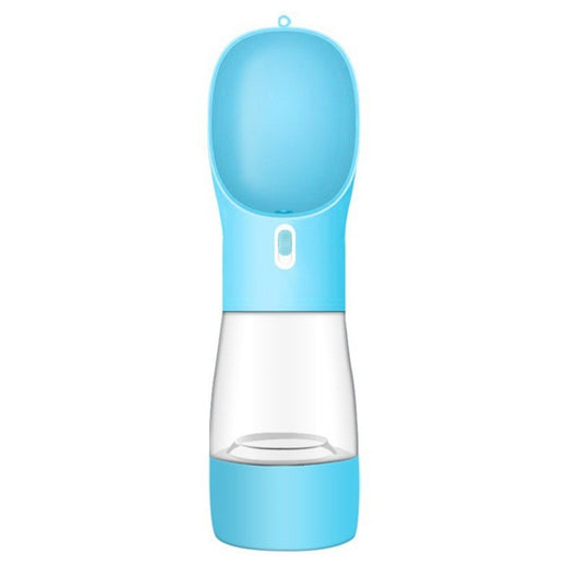 Pink portable pet water bottle with integrated feeder bowl, clear reservoir, and dispensing button for dogs. - Image 35