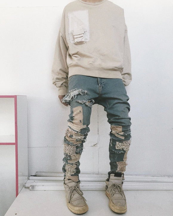 Pantalones Slim Rotos con Parches Desmontables - Estilo Urbano Destruido