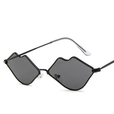 Retro red lips sunglasses with gold metal frames and brown gradient lenses on a white background. - Image 4