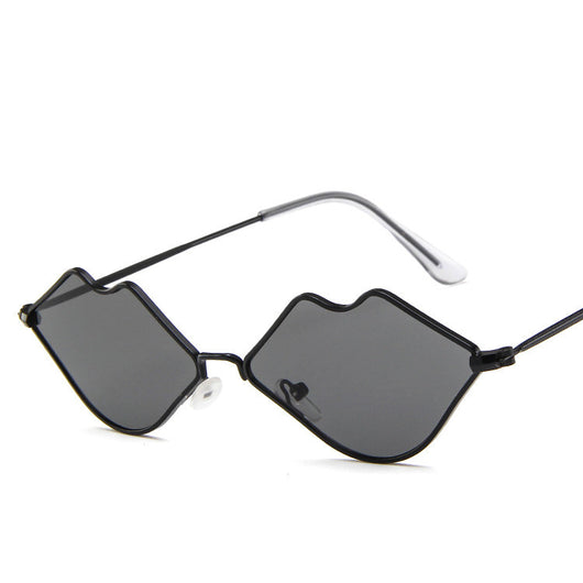 Retro red lips sunglasses with gold metal frames and brown gradient lenses on a white background. - Image 4