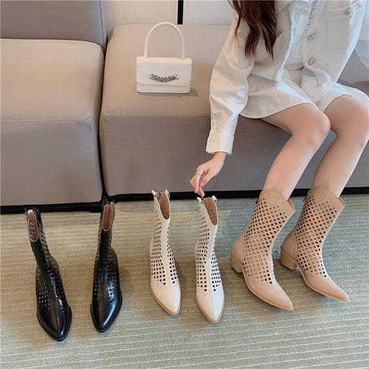 Botas Vaqueras Puntiadas para Mujer con Tacón Grueso y Red Calada - Image 8