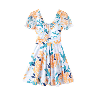 White floral high waist swimsuit dress with orange, teal, and navy flowers, ruffled scoop neck, and puff sleeves. - Image 6