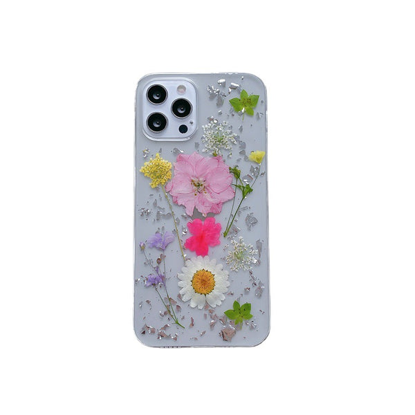 Flores Secas con Lámina de Plata para Fundas Móvil - Diseño Transparente en Resina Epoxi