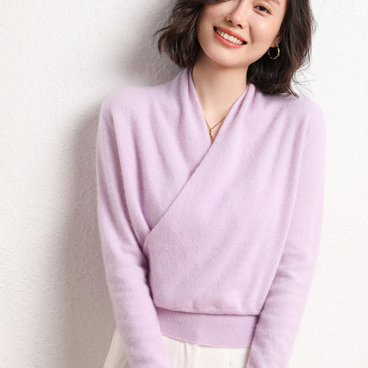 Suéter de Cashmere Cuello V Cruzado Holgado para Mujer - Image 13