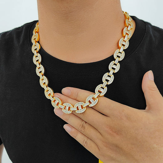 Cadena y Pulsera Hip Hop Nariz de Cerdo Chapado en Oro Real 16mm - Image 19