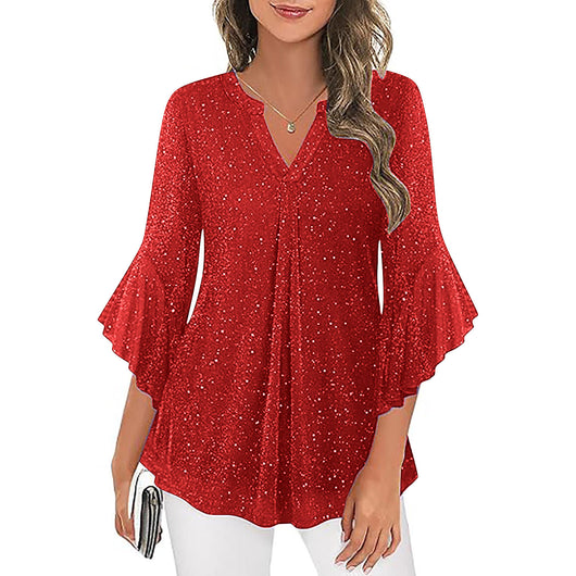 Blusa Suelta de Malla Plateada con Cuello V y Mangas 3/4 Pétalos - Image 29