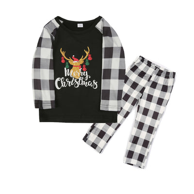 Family matching Christmas pajamas with black and white buffalo plaid sleeves and pants, featuring a reindeer graphic.