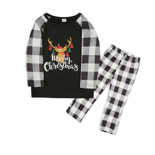 Family matching Christmas pajamas with black and white buffalo plaid sleeves and pants, featuring a reindeer graphic.