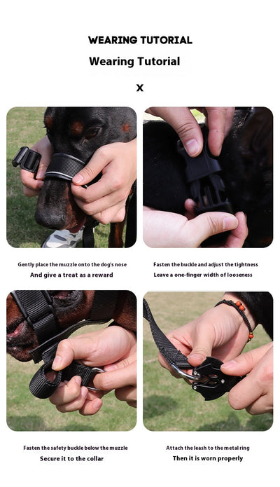 Black and brown leather and nylon dog muzzle with adjustable straps and a D-ring, shown with a size chart. - Image 22