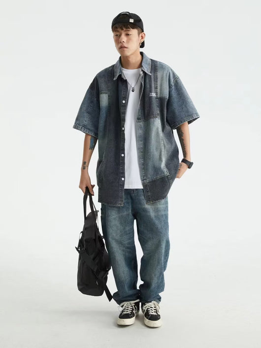 Camisa Denim Retro Estilo Japonés con Costuras Lavadas para Hombre - Image 2