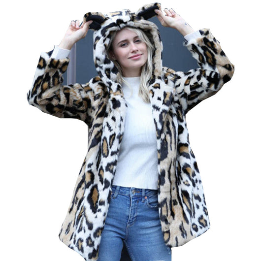 Abrigo de Piel de Visón Estampado Leopardo con Capucha para Mujer - Image 9