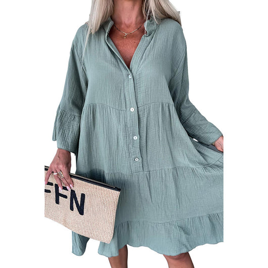 Vestido Camisero Liso Mujer Plisado Holgado y Elegante - Image 6