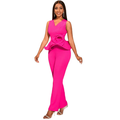 Conjunto Elegante: Blusa Floral Escote V sin Mangas + Pantalón Recto Cintura Alta - Image 5