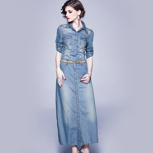 Vestido Denim Tencel Azul Slim con Solapa y Detalles de Abertura - Image 2