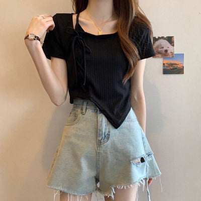 Shorts Irregular con Cordón y Manga Corta para Mujer - Image 4
