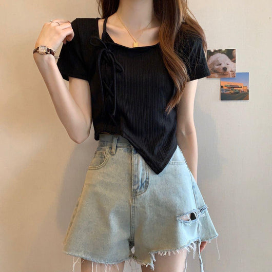 Shorts Irregular con Cordón y Manga Corta para Mujer - Image 4
