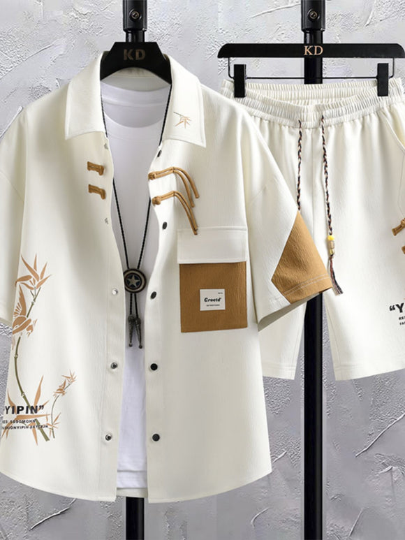 Conjunto de Traje Estilo Chino para Hombre - Camisa Manga Corta y Shorts Verano