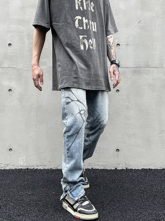 Jeans Rectos con Estampado de Espinas y Detalles Desgastados - Image 5