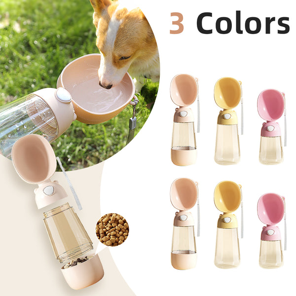 Yellow portable pet water bottle with clear reservoir, built-in drinking bowl, and wrist strap, 28cm tall.