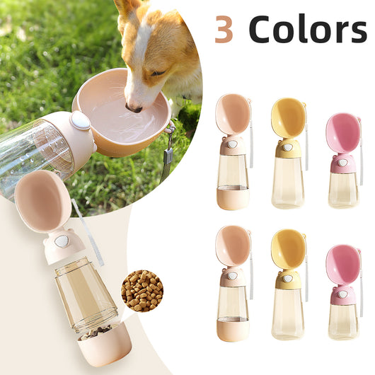 Yellow portable pet water bottle with clear reservoir, built-in drinking bowl, and wrist strap, 28cm tall.