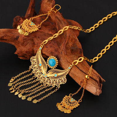 Gold-toned necklace and dangle earrings set with filigree water droplet design, turquoise accents, and tassel charms. - Image 5