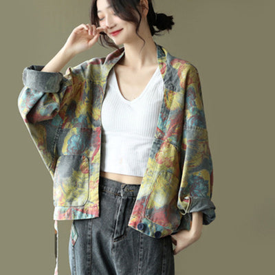 Chaqueta Denim Estampada Mujer Manga Murciélago Suelta - Image 9