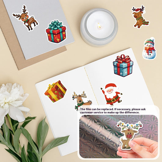 50-piece pack of cartoon Christmas waterproof stickers featuring Santa Claus, reindeer, snowmen, and gift boxes. - Image 4