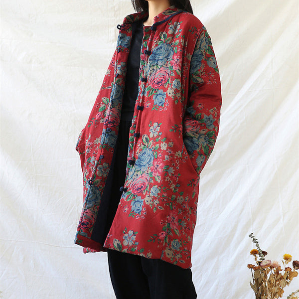 Abrigo Retro Floral de Algodón y Lino para Mujer - Estilo Vintage