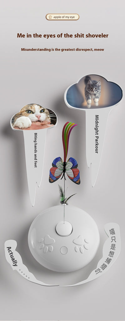 White electric cat toy with a colorful butterfly on a flexible wire and green feathers extending from the base. - Image 9