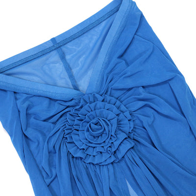 Blue three-piece bikini set with floral appliques on the triangle top, thong bottom, and matching ruched maxi skirt. - Image 31