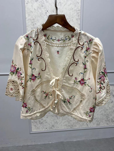 Blusa Tejida con Encaje Floral y Cuello en V - Image 9