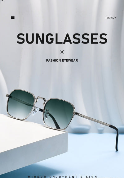 Gold frame square-oval sunglasses with gradient black and grey lenses and black temple tips on a white background. - Image 16