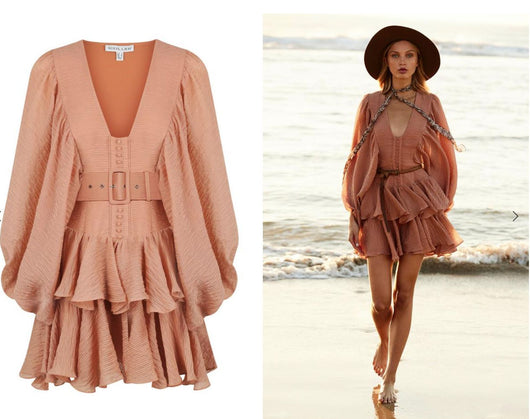 Vestido V-Escote con Volantes Superpuestos y Mangas Farol