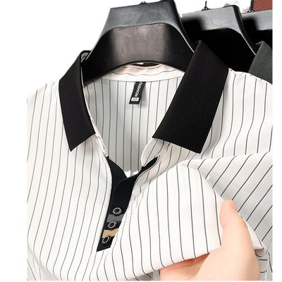 Polo de Seda Helada a Rayas - Camisa Business Casual para Hombre Maduro - Image 5