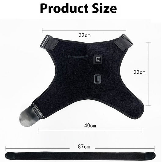 Man wearing a black electric heating shoulder pad with adjustable straps for therapeutic warmth and support. - Image 6