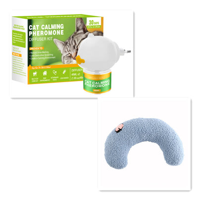 Cat Calming Pheromone Diffuser Kit with a white plug-in diffuser and a green refill bottle, next to its green and white box. - Image 15