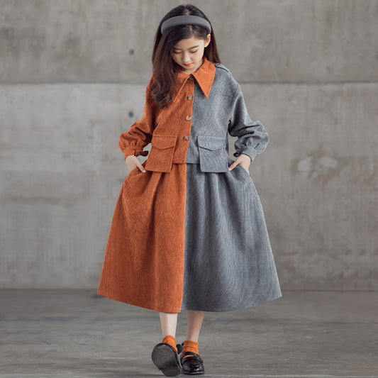 Young girl in a pink and brown color-block corduroy two-piece dress set with a collared top and midi skirt. - Image 2